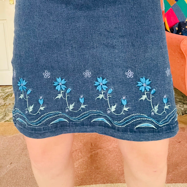 Floral embroidered denim dress (S)