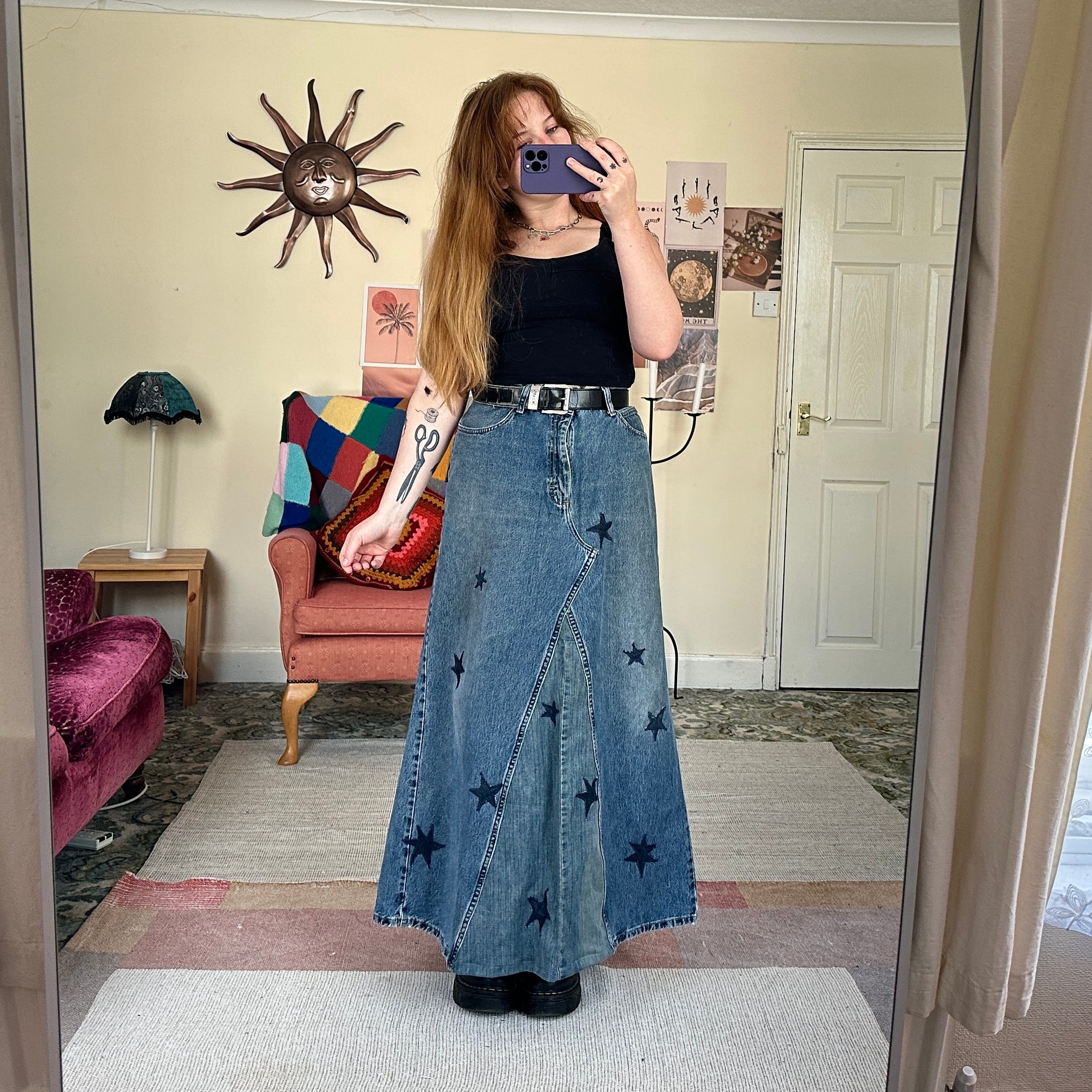 Starry denim maxi skirt (W38)