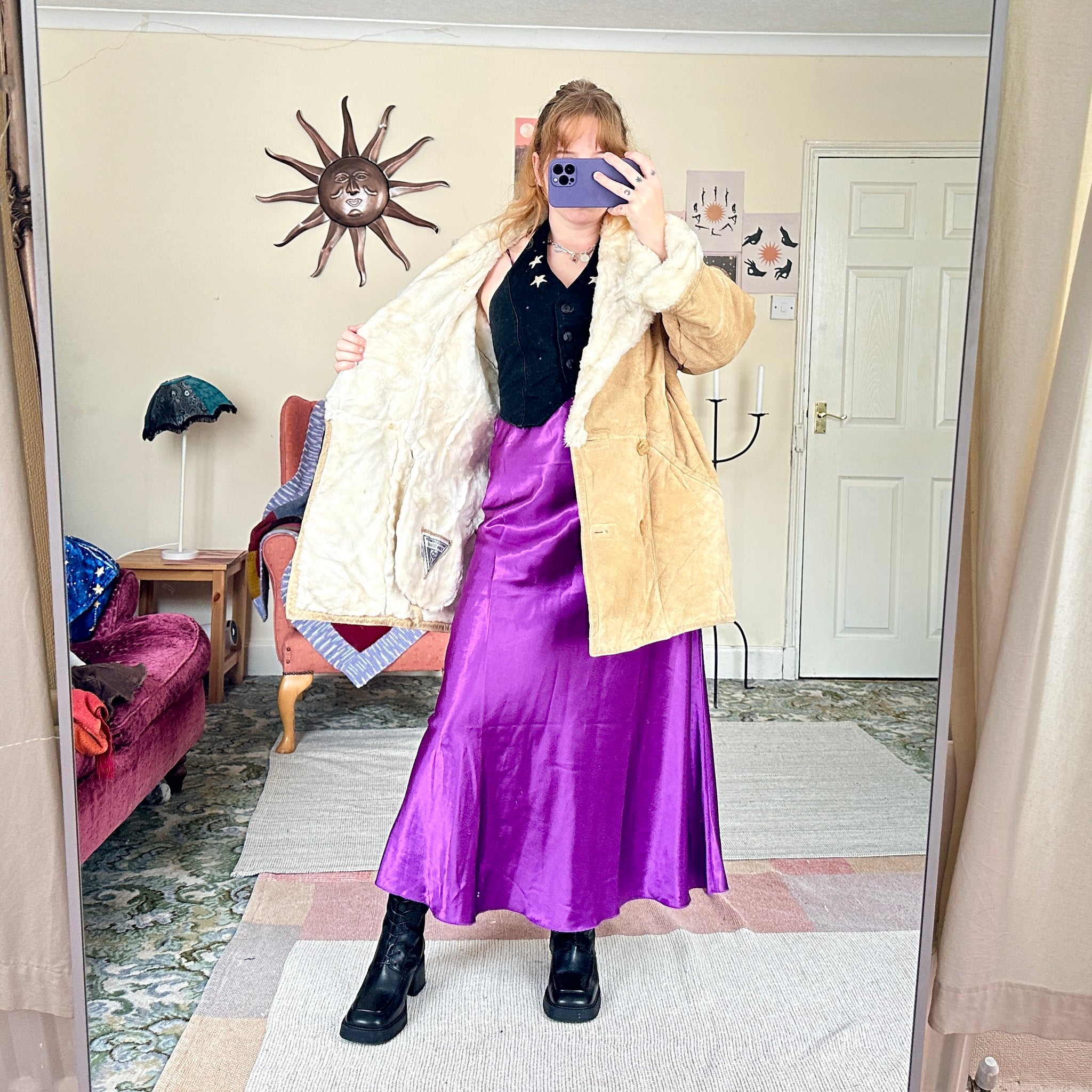 Fur line suede coat (M)