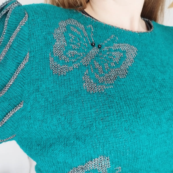 Teal butterfly knit jumper (M)